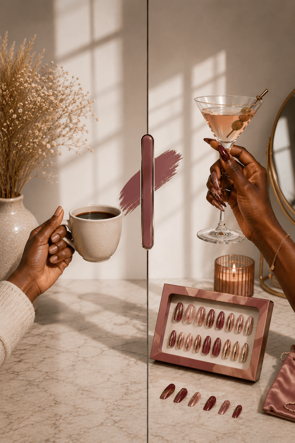 Hands holding glasses showing elegant press-on nails